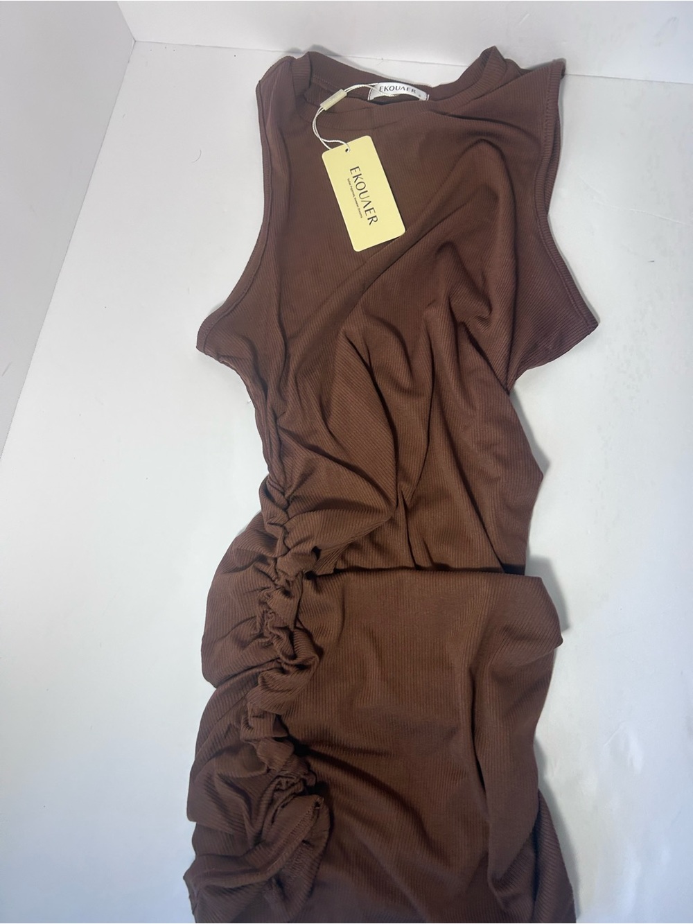 Ekouaer Brown Ruched Mini Dress